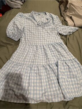 Light Blue Gingham Tiered Casual Dress